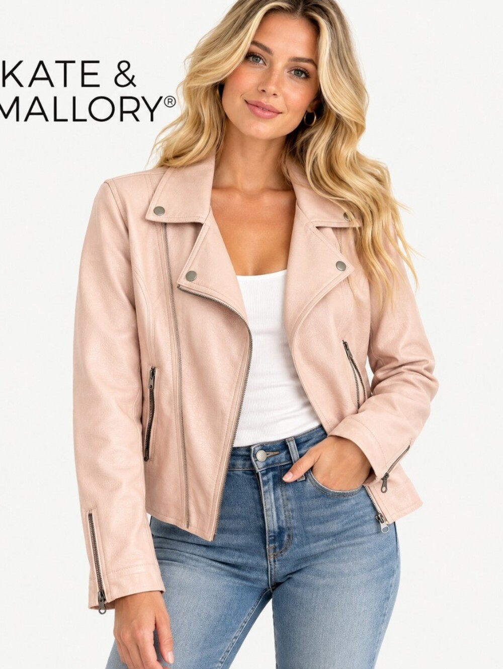Kate & Mallory Blush Pink Faux Leather Moto Jacket Size L